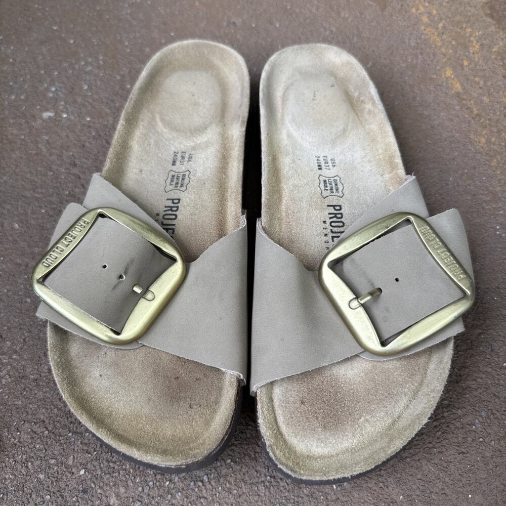 Women’s Project Cloud Leather Slides Size US 6 Tan Gold Oversized Buckle Boho